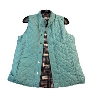 Casual Identity Teal Blue Plaid Quilted Snap Button Puffer Vest Womens Size S